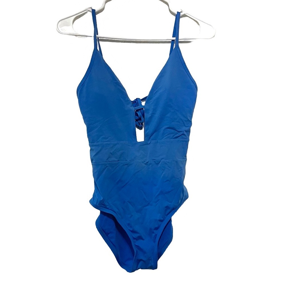 BECCA Blue Bathing Suit Swimsuit One Piece Low Back Swim Wear Size M Medium